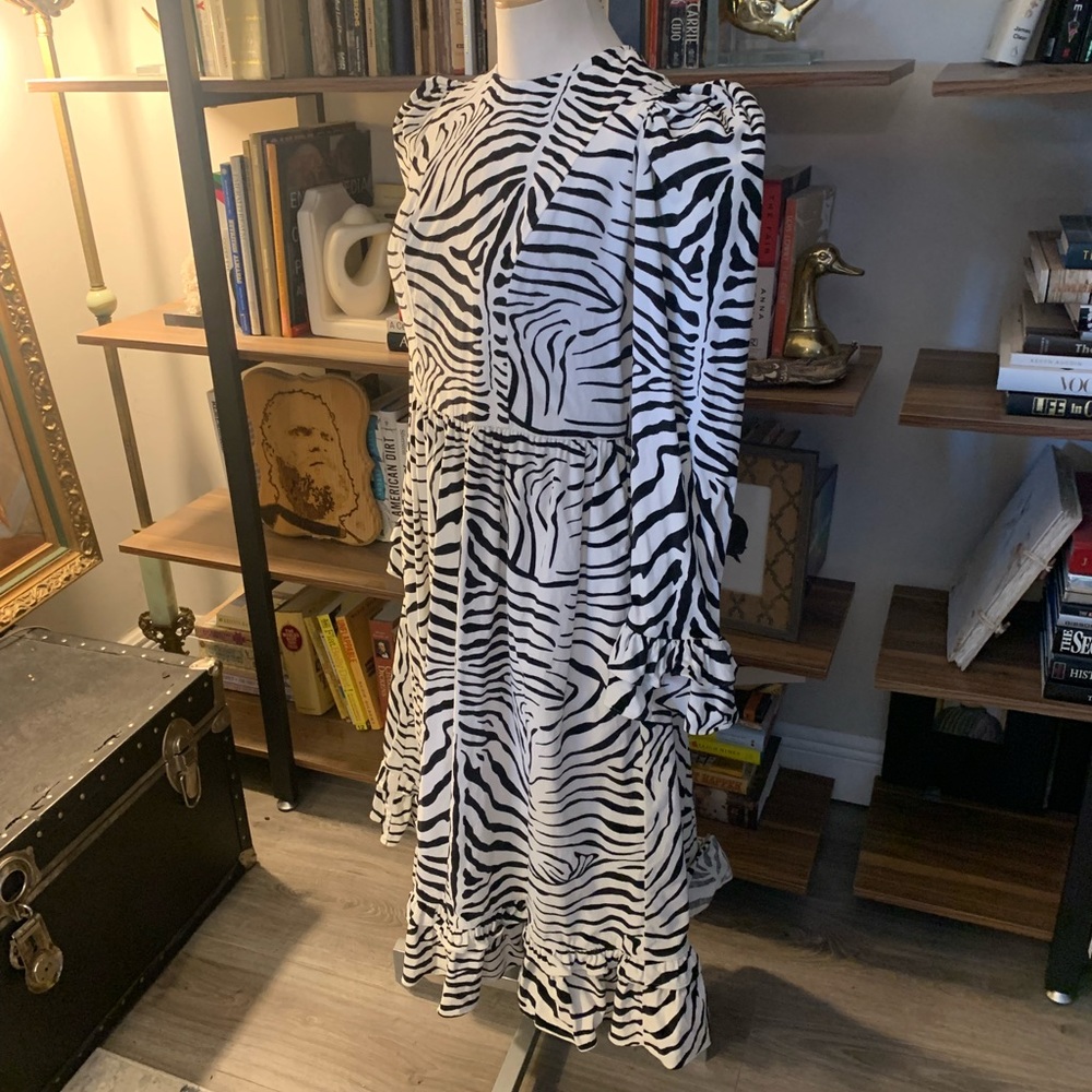 Zebra Print Long Sleeve Midi Dress - Black & White - Picture 2 of 11